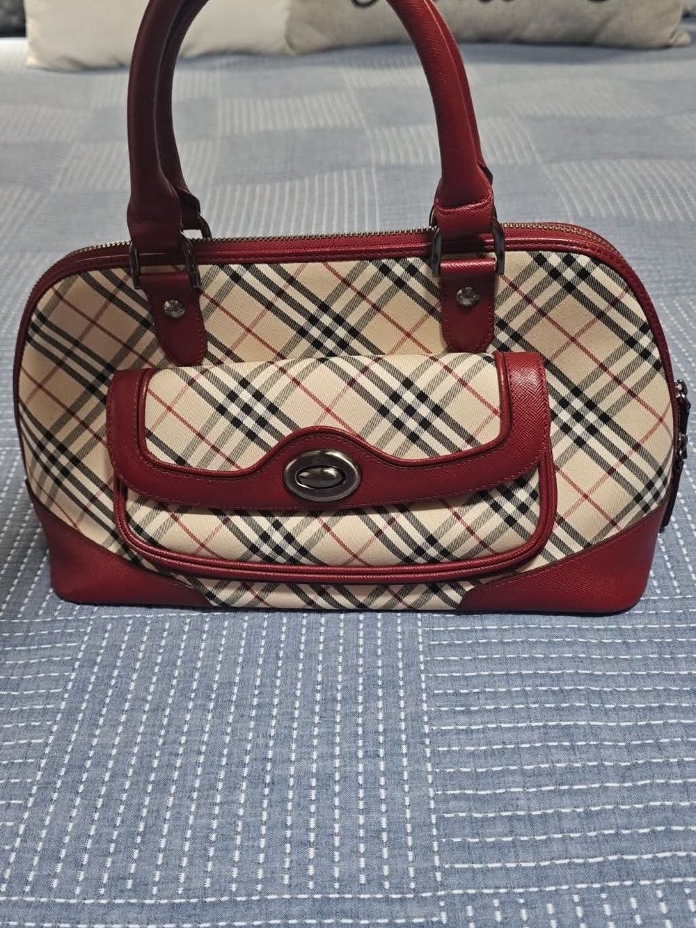 Burberry Red Trim Beige Plaid Tote